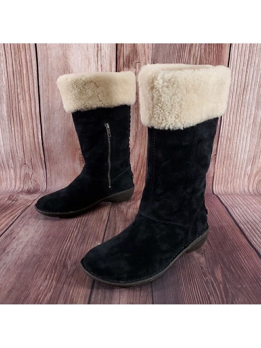Ugg Karyn Womens Sz 7 Black Suede Leather Mid Calf Cuff Shearling Boots 1005449 - Picture 4 of 16
